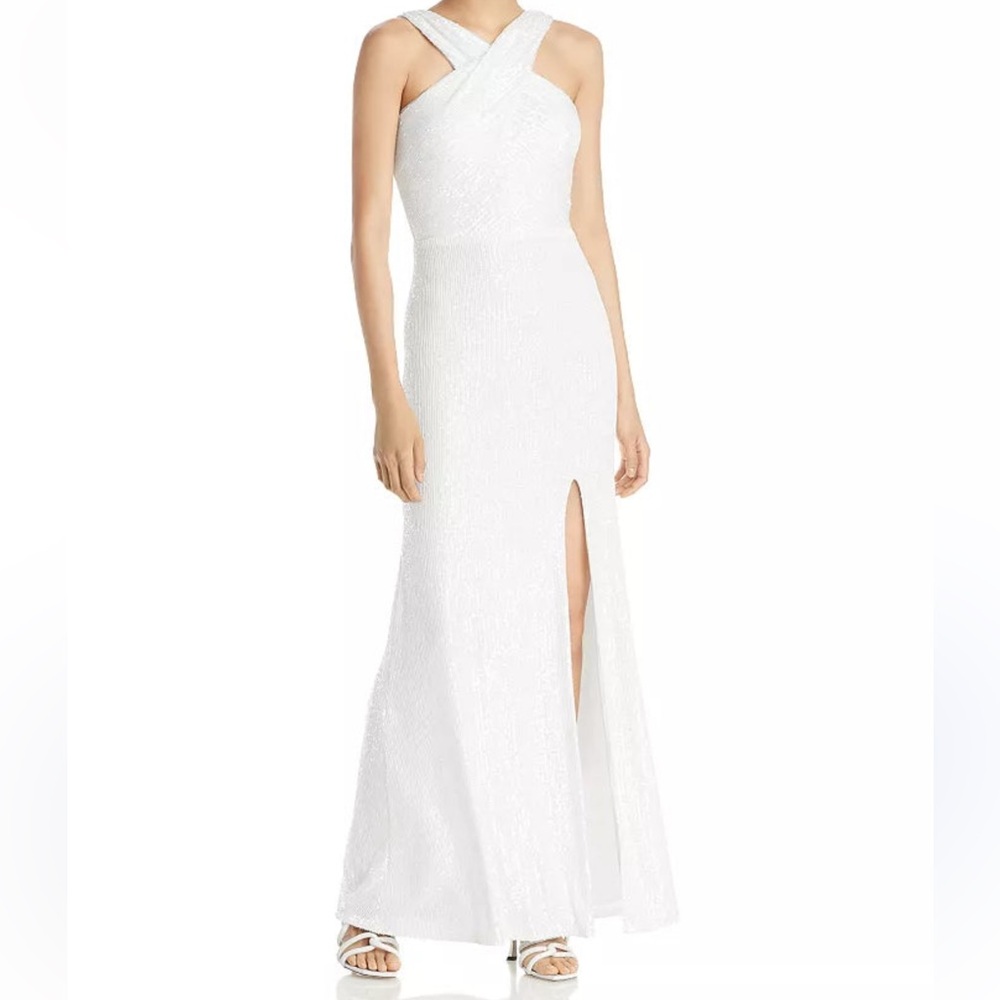 AQUA ivory white sequined cross‎ front halter Elegant Evening Gown long dress 16